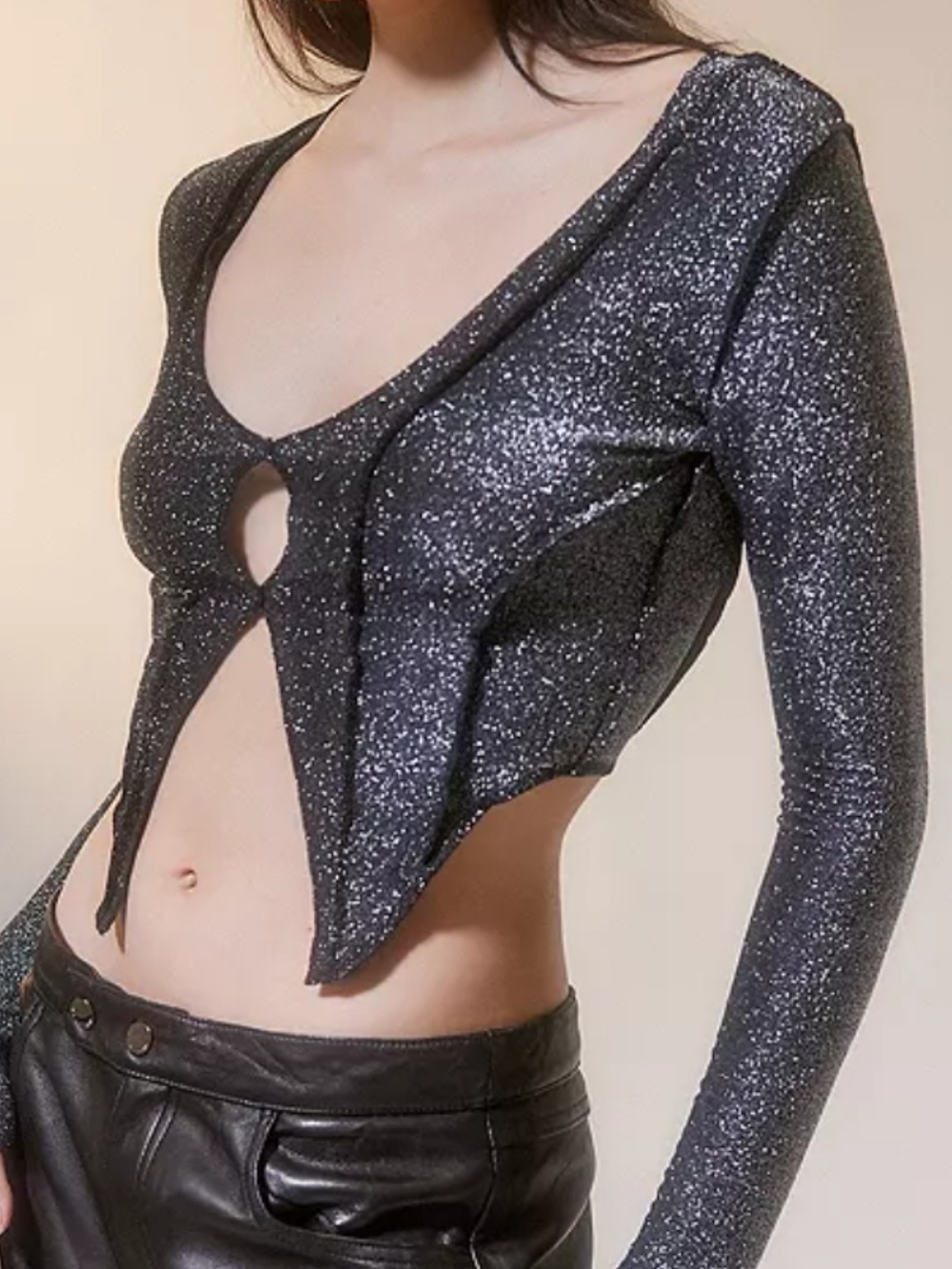 Urban Outfitters Sparkle Black Cutout Long-Sleeve Crop Top